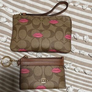 Coach Brown and Pink Lips Clutch and Wristlet Set